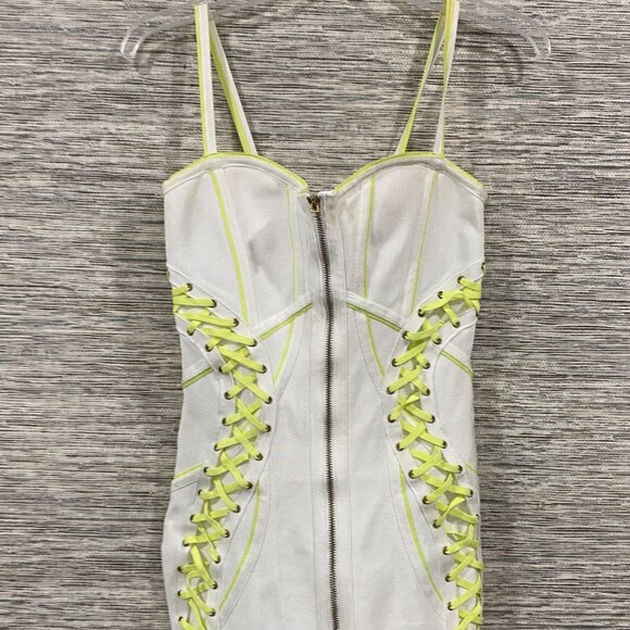 🔥🔥Gold Label Wow Couture Mini Bodycon Dress Neon Yellow Lace-Up Details Size M - Picture 3 of 14